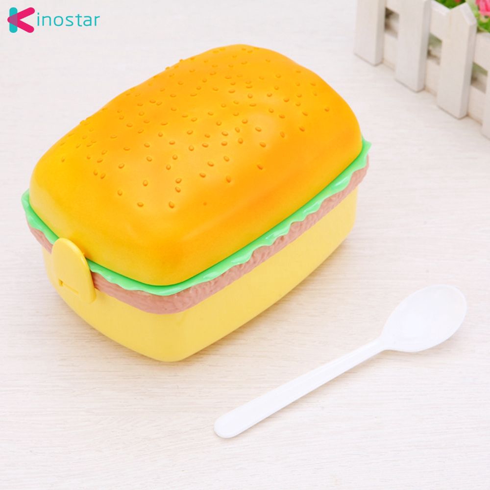 Hộp đựng cơm trưa bento hai tầng thiết kế hình bánh hamburger đáng yêu tích hợp nĩa và muỗng