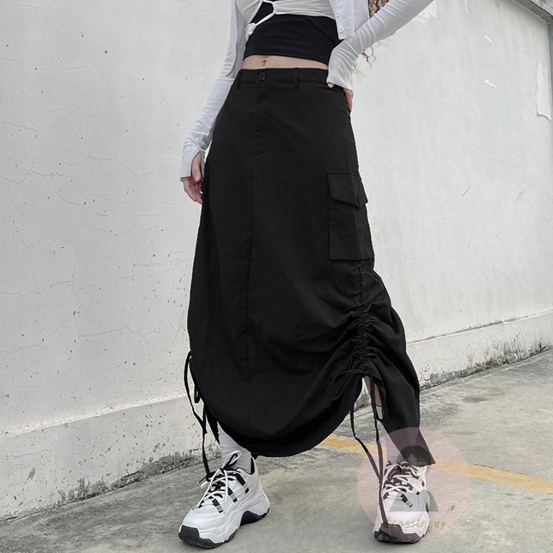 Chân Váy Dài Dáng Rộng Màu Sắc Đơn Giản Phối Dây Rút Tùy Chỉnh Thời Trang Cho Nữ