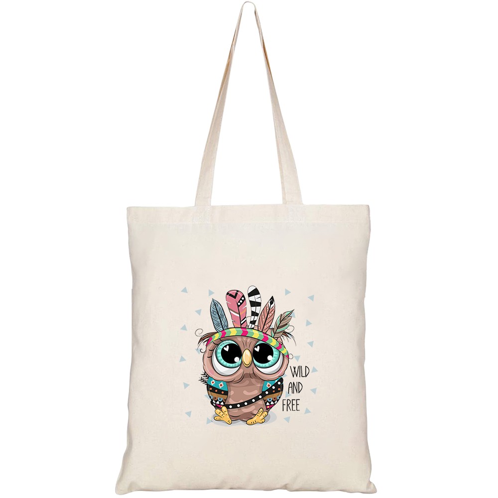 Túi vải tote canvas HTFashion in hình cute cartoon tribal owl feathers HT352