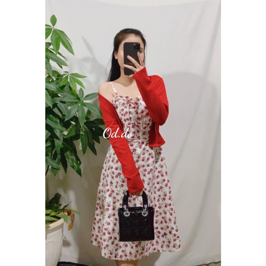 Sét váy hoa nhí nữ 2 dây phối khoác ngoài cardigan Váy maxi hai dây đỏ hoa kiểu tiểu thư Phong cách hàn quốc