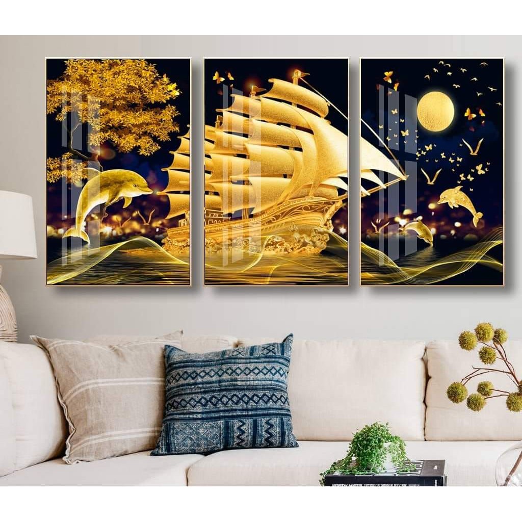 Bộ 3 Tranh Treo Tường Vải Canvas Kim Tuyến Cao Cấp Khung Thuyền Buồm Cá Heo Tặng Khai Trương - Melyhome Decor