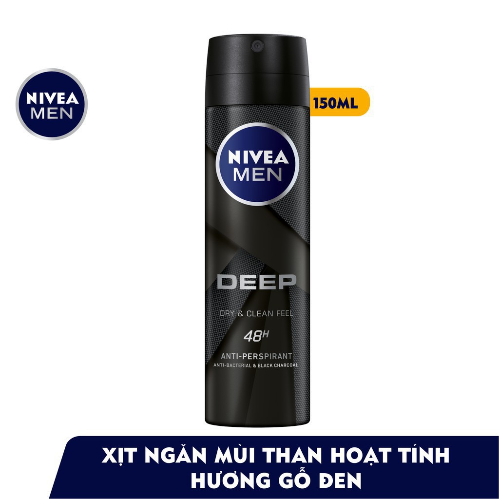 Bộ Đôi Nivea Men Xịt Ngăn Mùi Deep Than Đen Hoạt Tính (150Ml) - 80027 Và Xịt Ngăn Mùi Cool Kick Mát Lạnh (150Ml) - 82883