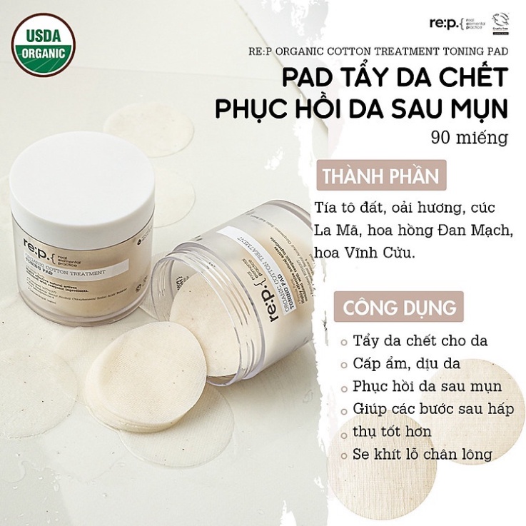 Nước hoa hồng Toner Pad dưỡng sáng da, tẩy da chết dịu nhẹ RE:P Organic Cotton Treat.ment Toning Pad