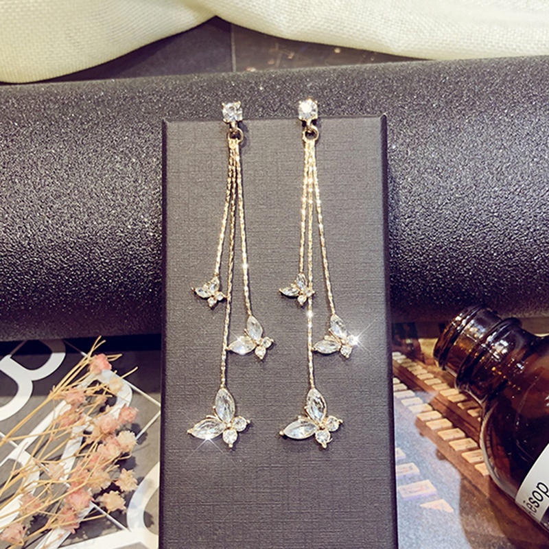 Butterfly Long Tassel Flower Earrings Rhinestone Earrings Personality Simple Wild Earrings