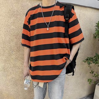 Áo thun sọc ngang nam nữ tay lỡ form rộng cam sọc đen