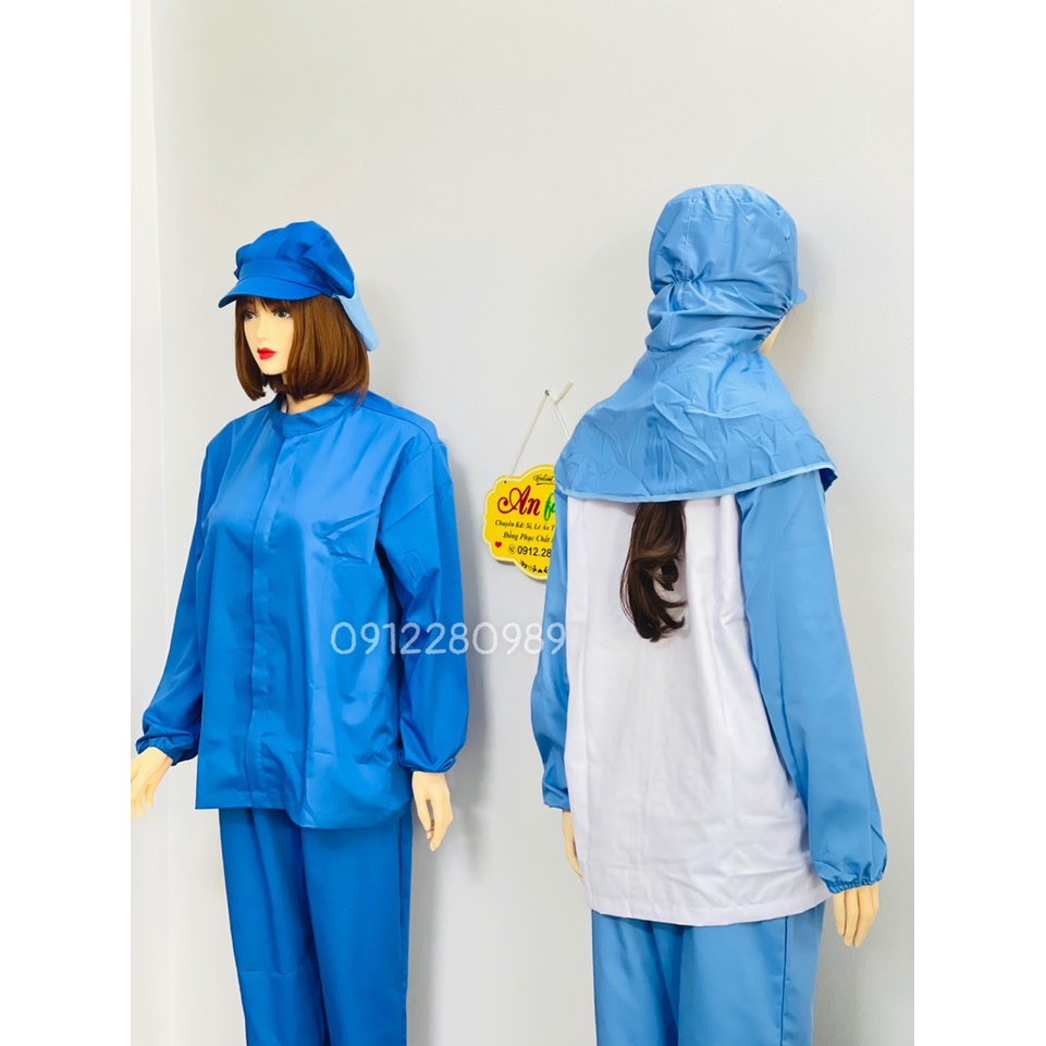 Đồng phục ngành thực phẩm, thủy sản vải kaki màu xanh dài tay _ Hình chụp thật