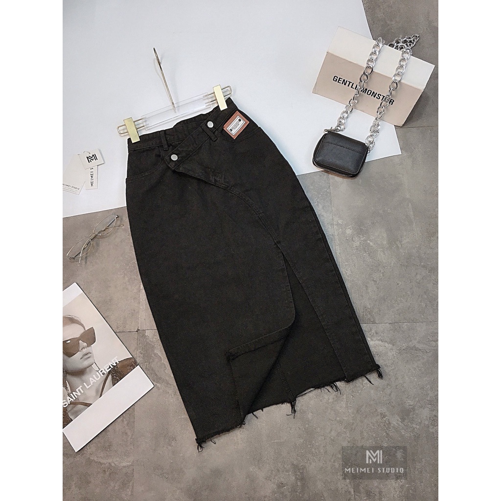 Chân Váy Bò Jeans Dài Ulzzang Vạt Lệch Xẻ Tà Một Bên Lưng Cao Hàng L1