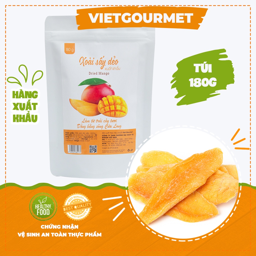Xoài sấy dẻo hàng xuất khẩu 180g VIETGOURMET/ Xoài sấy nguyên vị ngọt thơm tự nhiên/ Ăn vặt mẹ bầu healthy