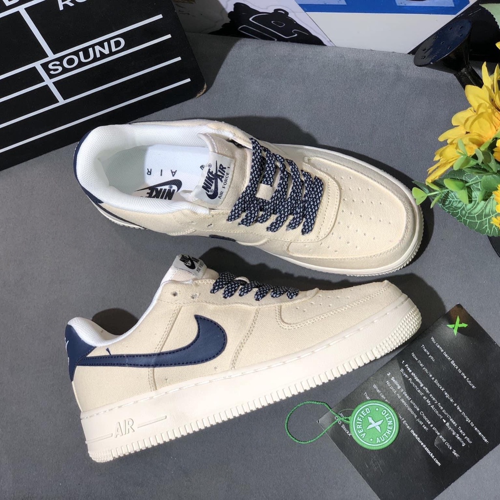 Giày Nike_air force 1, AF1 beige deep blue bản vải màu be, AF1 vàng cát vệt xanh cao cấp, tặng box bảo vệ