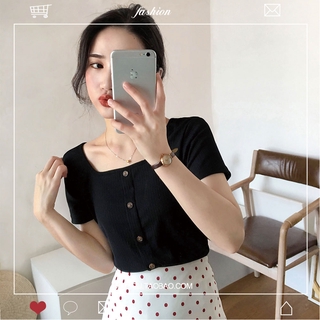 Có Sẵn Áo Phông Vuông Thun Áo Croptop Vintage Ins Ngắn Tay T-shirt Ngắn Dệt Kim Tops Phong Cách Hàn Quốc Ngắn Tay