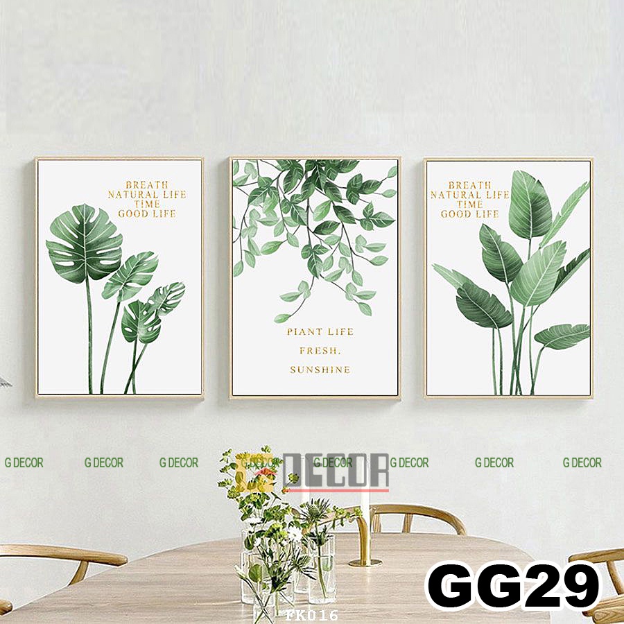 Tranh treo tường canvas khung gỗ 3 bức phong cách hiện đại Bắc Âu tranh lá cây trang trí phòng khách phòng ngủ spa 27