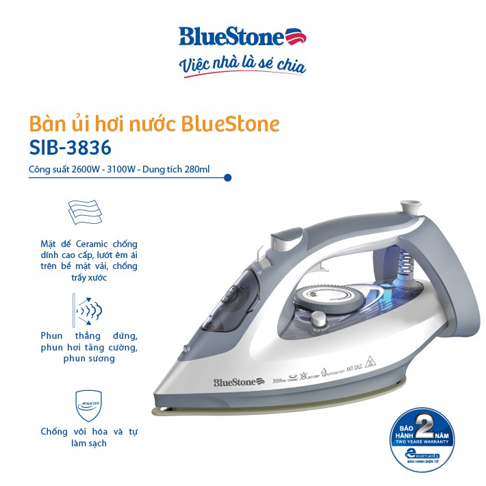 [Mã ELBLUEWL5 giảm 10% đơn 500K] Bàn Ủi Hơi Nước BlueStone SIB-3836