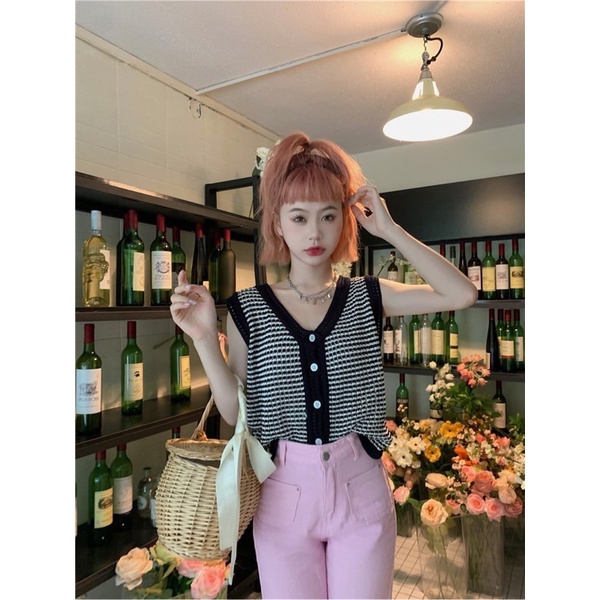 Áo len gile đóng cúc kẻ ngang viền phối màu Ulzzang Style🍓Hàng Quảng Châu