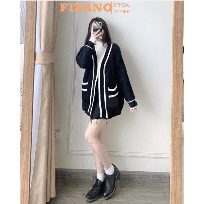 Áo len nữ cardigan dệt kim dài tay phối viền bo chun tay form rộng hai màu đen trắng basic FIZANO