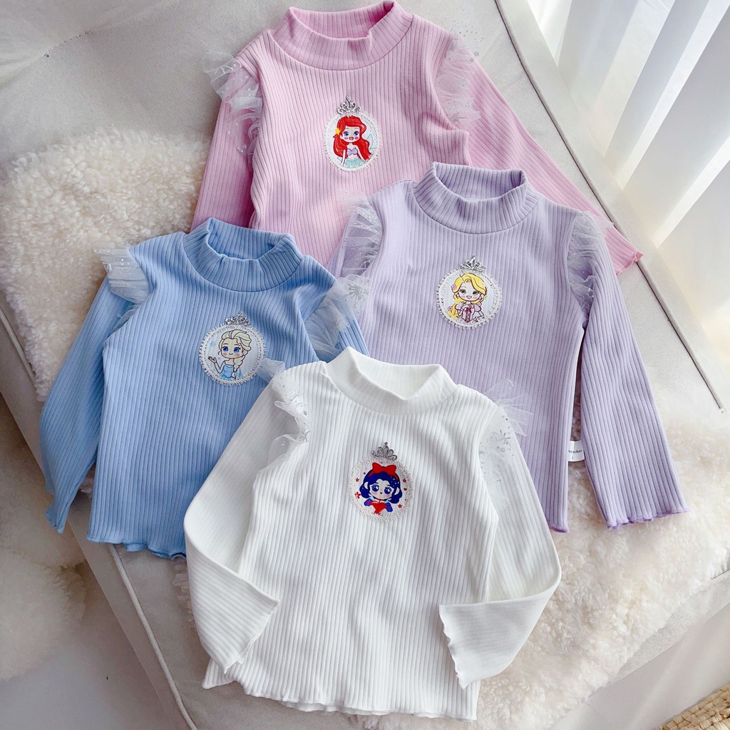 Áo Thun Cao Cổ Thu Đông Cho Bé Gái - Áo thun công chúa hình vương miện, vai phối lưới điệu đà cho bé [Shop Mẹ Bob 86]