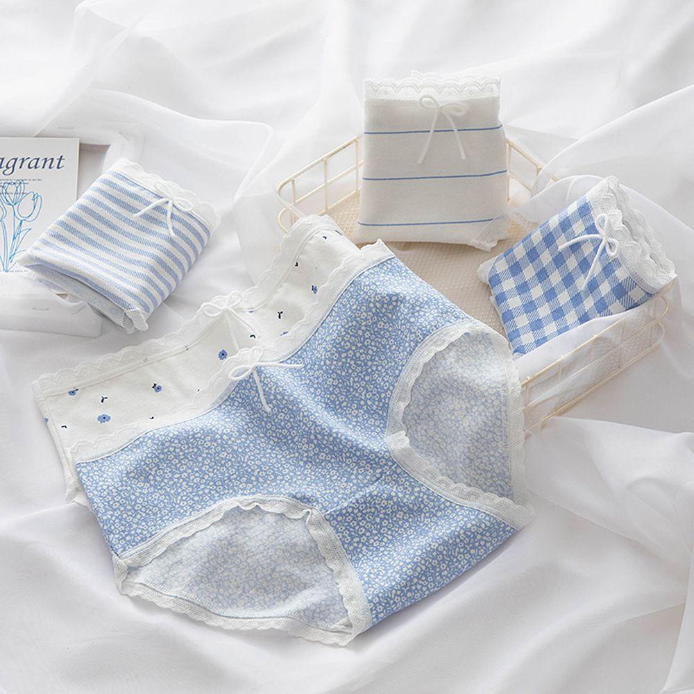 Quần Lót Lưng Vừa Kẻ Sọc Phối Ren Hoa Thoáng Khí Ngọt Ngào Cho Nữ