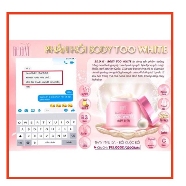 Kem body Beovi Too White siêu trắng hồng mịn da, dưỡng trắng nhanh, dưỡng ẩm, thấm BEAUTY CARE | BigBuy360 - bigbuy360.vn