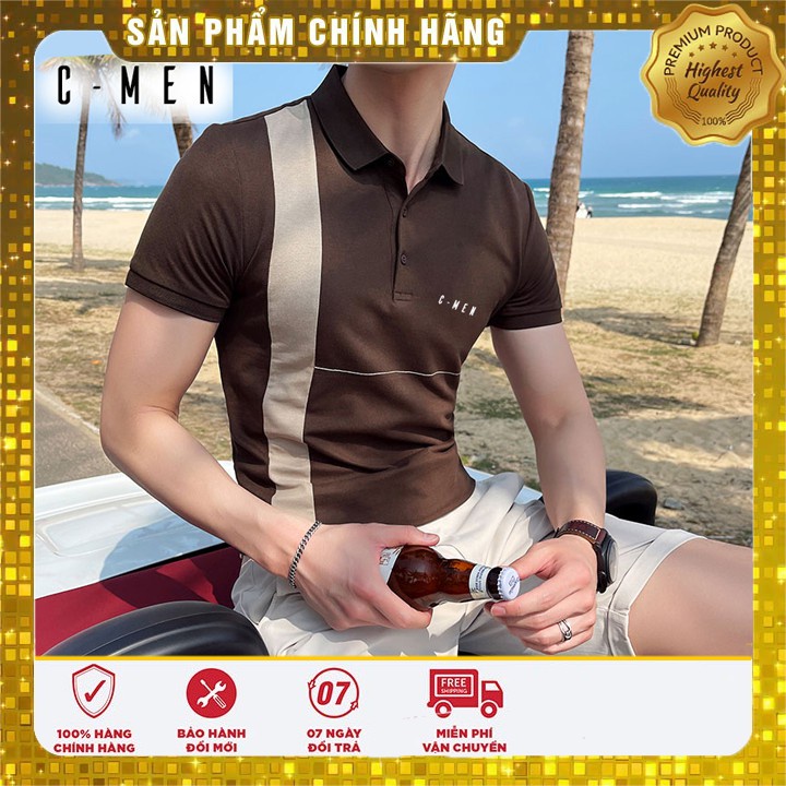 ◕☒áo phông nam cổ bẻ, Polo, bẻ ngắn tay phối kẻ dọc thân C Men cotton cao cấp