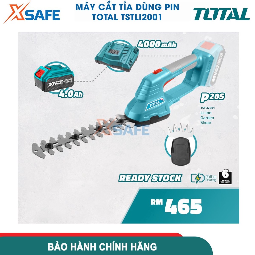 Máy cắt hàng rào dùng pin 20V TOTAL TSTLI2001, chiều rộng máy cắt của tông đơ 200mm,chiều rộng lưỡi cắt cỏ 100mm