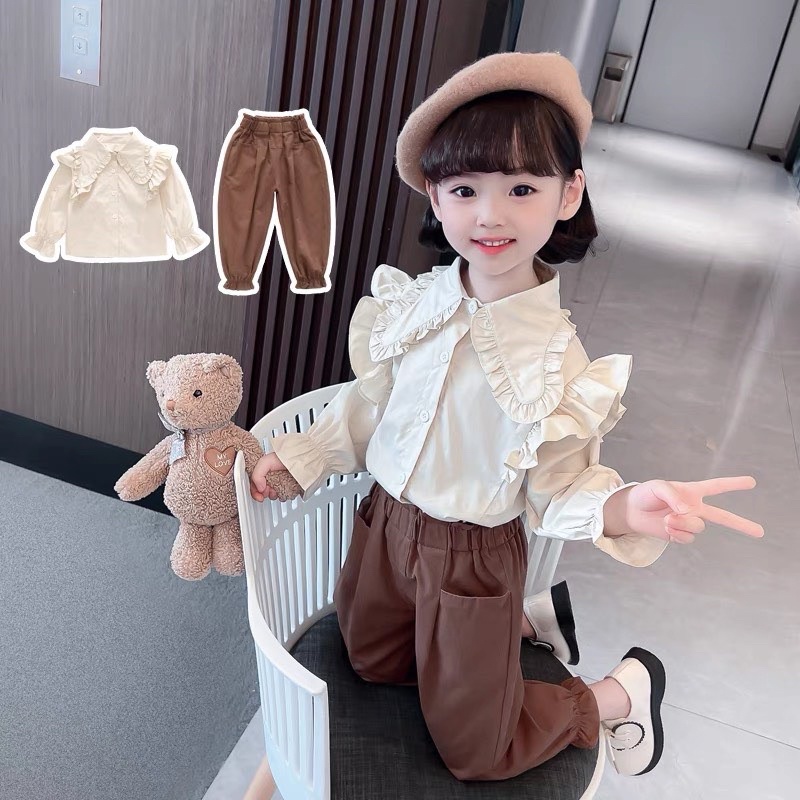 Set sơ mi bèo quần kaki túi thật cho bé gái