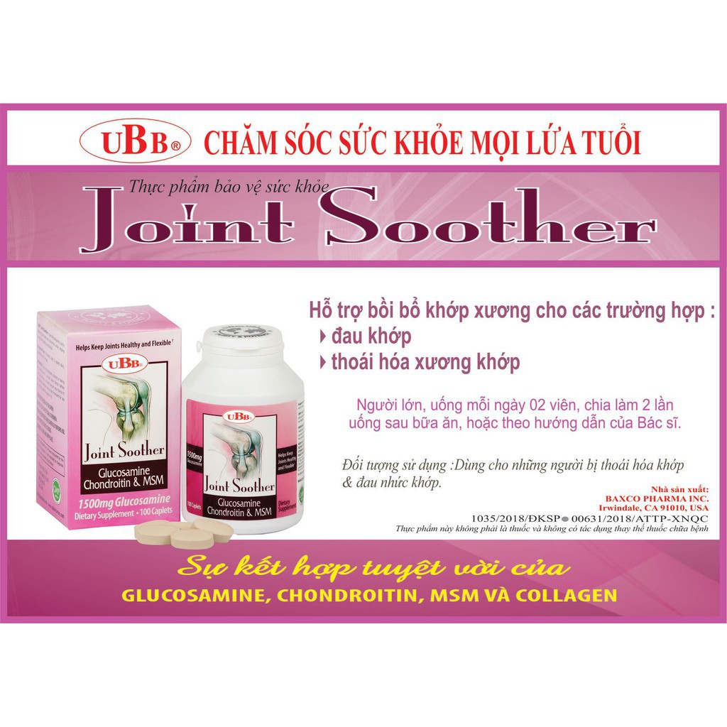 GLUCOSAMINE UBB® JOINT SOOTHER Hỗ trợ cho các trường hợp đau , thoái hóa khớp (hộp 100v)