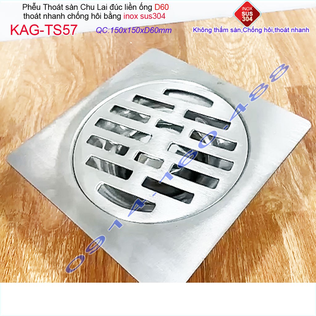 Phễu thoát sàn Chu Lai 15x15cm KAG-TS57-D60, Thoát sàn chống hôi ống 6cm SUS304 inox đúc dày thoát nhanh chặn tóc tốt