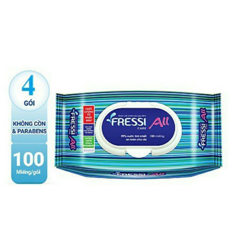 Combo 4 gói Khăn ướt 100 tờ Fressi Care All tinh khiết không cồn