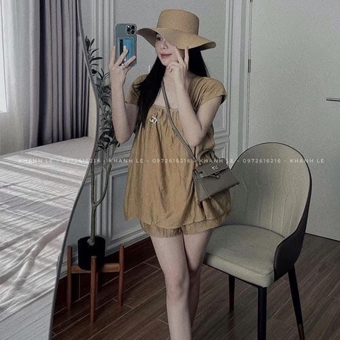 Set bộ bèo đùi basic đính khuy phối chun ngực Shynstores form rộng vải đũi freeship