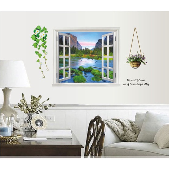Decal trang trí tường - Cửa sổ cảnh núi , rừng cây thông , và sông