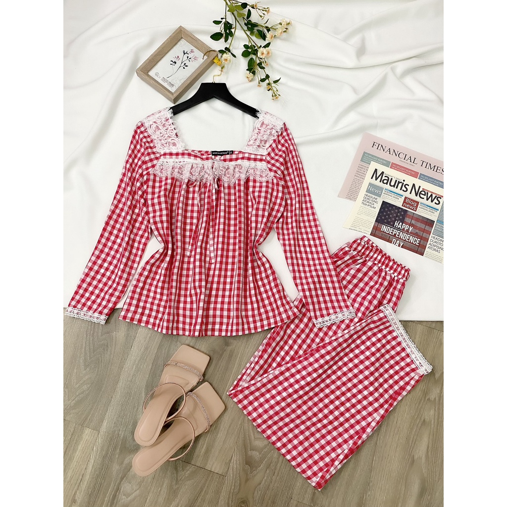 Đồ bộ nữ Bigsize thu đông, set caro áo tay dài quần dài phối viền ren cực xinh xắn dành cho nàng béo 55-90kg