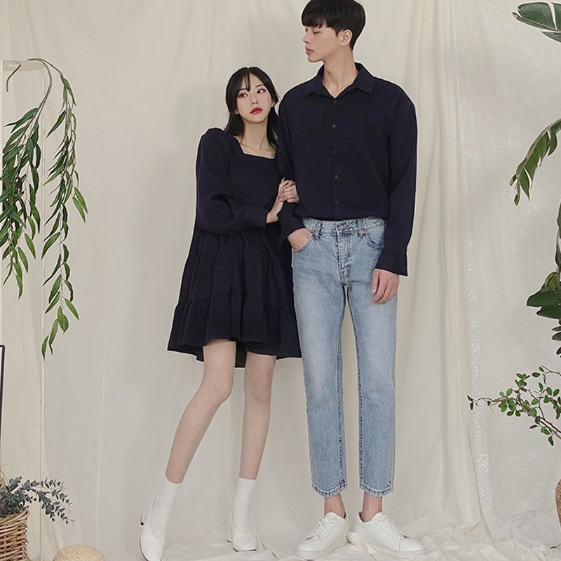 Áo đôi nam nữ đẹp [] Set áo váy sơ mi đôi chất đẹp Hàn Quốc Couple AV70 NoBrand