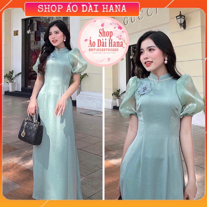 Áo dài xanh phối tay tơ, Áo dài xanh tay bồng phối tơ cổ truyền thống