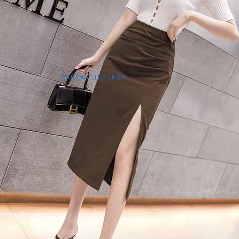 HOT Chân váy ôm xẻ đùi cao dáng dài che bụng CÓ ẢNH THẬT, Váy Bút Chì Xếp Li Bụng Xẻ Trước có cạp d68cm