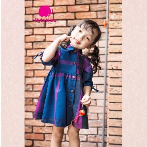 Đầm đôi mẹ bé gái họa tiết kẻ bbr màu xanh tím thiết kế tay lửng cổ sơ mi chất liệu cotton nhật cao cấp Myla Kids