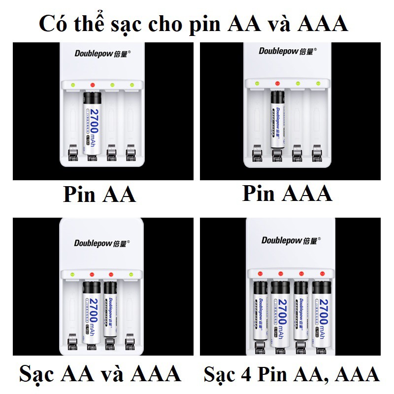 [Chính Hãng] Bộ Sạc Pin Tiểu AA, AAA K02 Doublepow Sạc Nhanh, Tự Ngắt, Có Đèn Báo Sạc Đầy