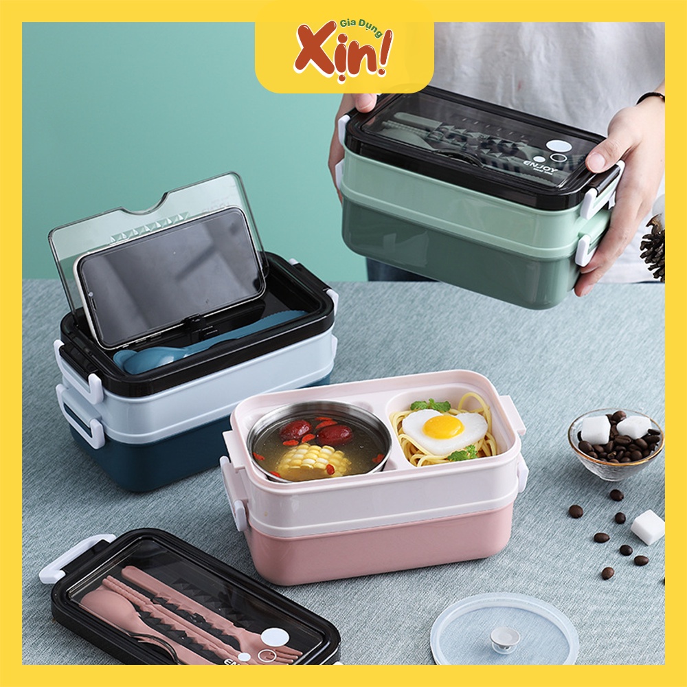 Hộp cơm giữ nhiệt, hộp cơm văn phòng inox 2 tầng, tặng kèm thìa đũa dĩa, bát đựng canh tiện dụng mang đi làm