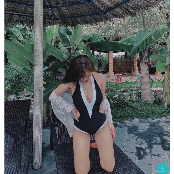 Đồ bơi Bikini 1 mảnh cut out đen viền trắng sang chảnh