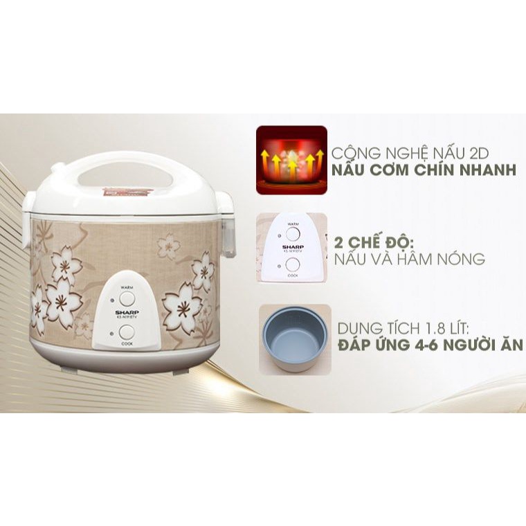 Nồi cơm điện Sharp 1.8 lít KS-N191ETV-Hàng trưng bày -SX Thailan,Lòng nồi chống dính,nấu 3D