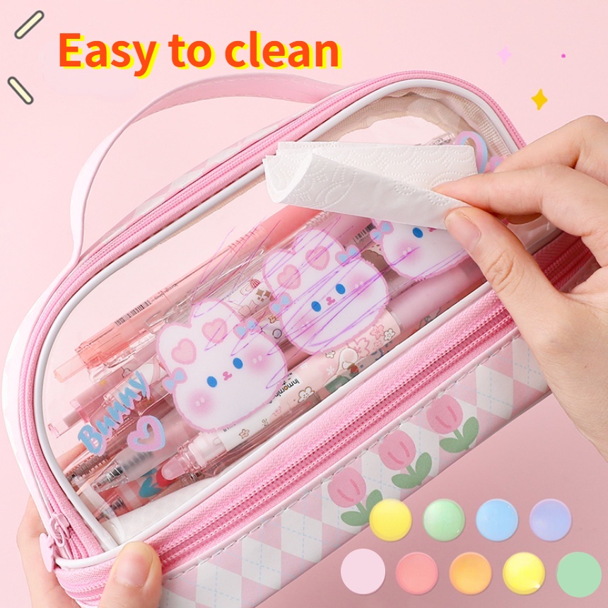 Túi Đựng Bút Bằng PVC Nhiều Ngăn Sức Chứa Lớn Dễ Thương Có Khóa Kéo