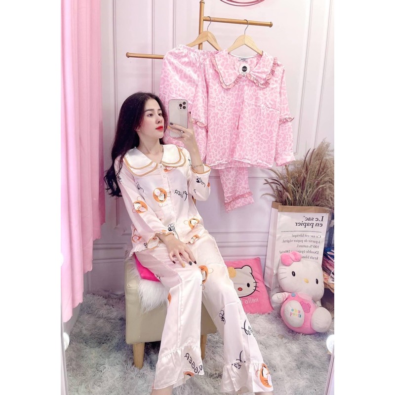 Đồ Bộ Pijama Lụa Hình Cổ Nhọn Tay Dài