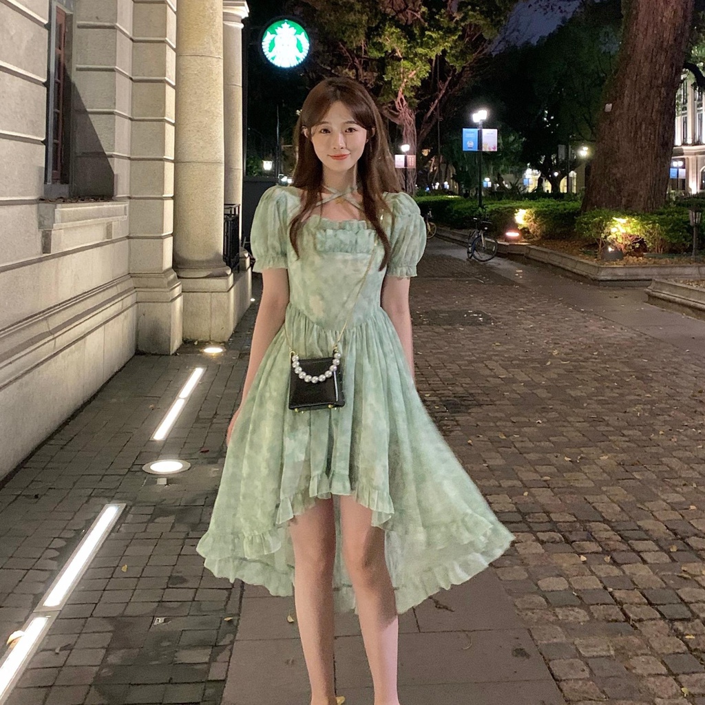 (Có Sẵn) Váy tiểu thư xanh lá vạt chéo Ulzzang (Kèm ảnh thật)