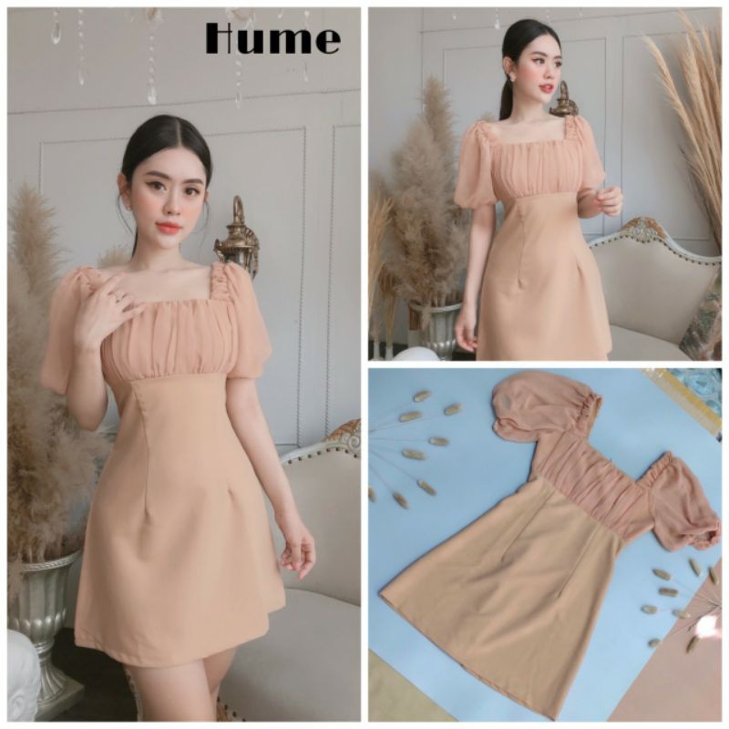 Đầm Nude Tay Phồng Phối Lưới Thanh Lịch Dáng Chữ A Hume