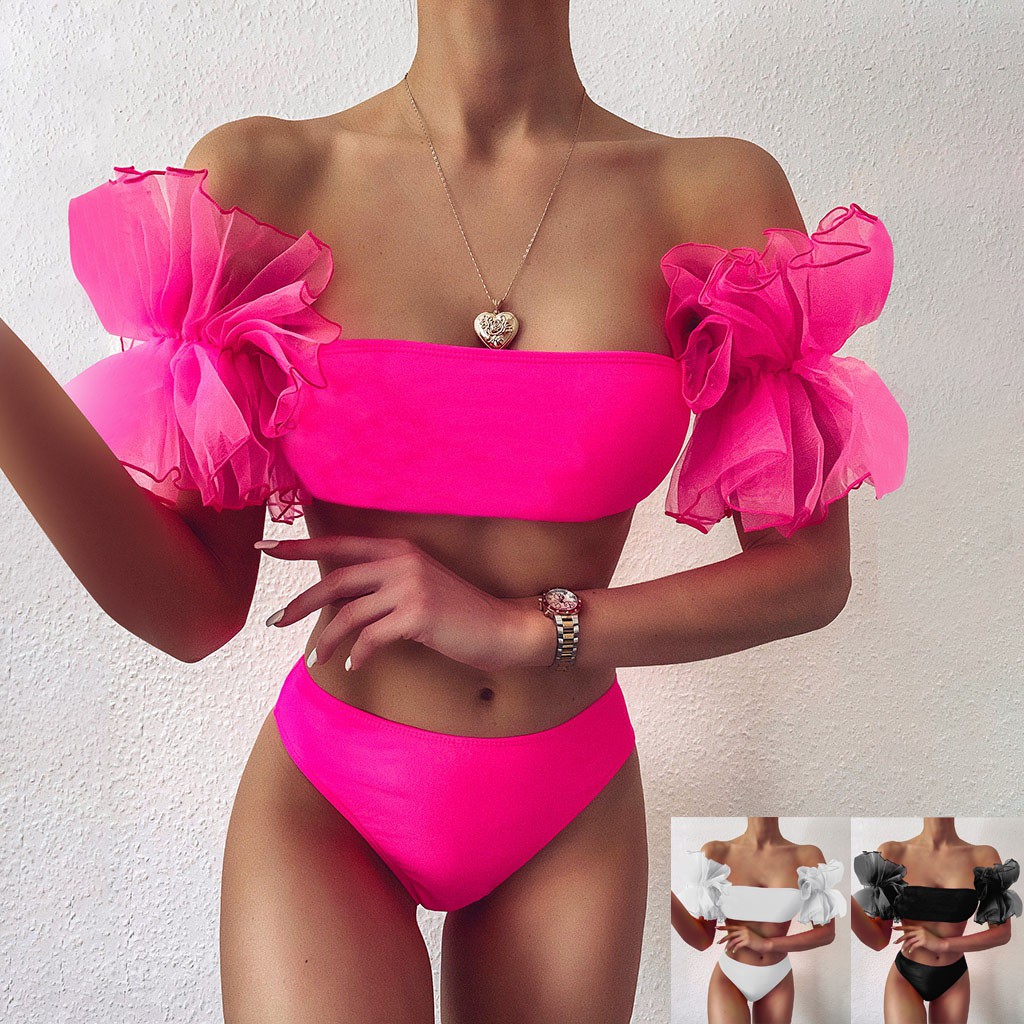 Bộ đồ bơi bikini phối bèo màu trơn thiết kế nâng ngực quyến rũ cho nữ