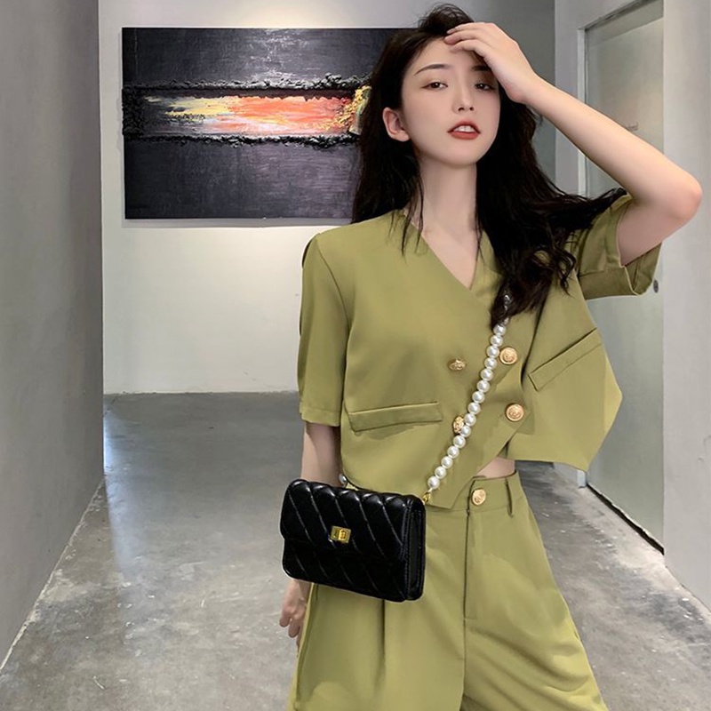 IELGY Bộ Áo Khoác Tay Ngắn + Quần Dài Eo Cao Ống Rộng Thời Trang Cho Nữ