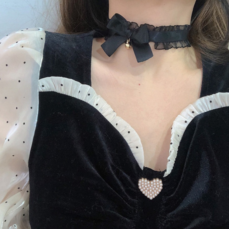 Set Vòng Cổ Choker + Vòng Đeo Tay + Dây Chuyền Phối Nơ Và Chuông Phong Cách Lolita