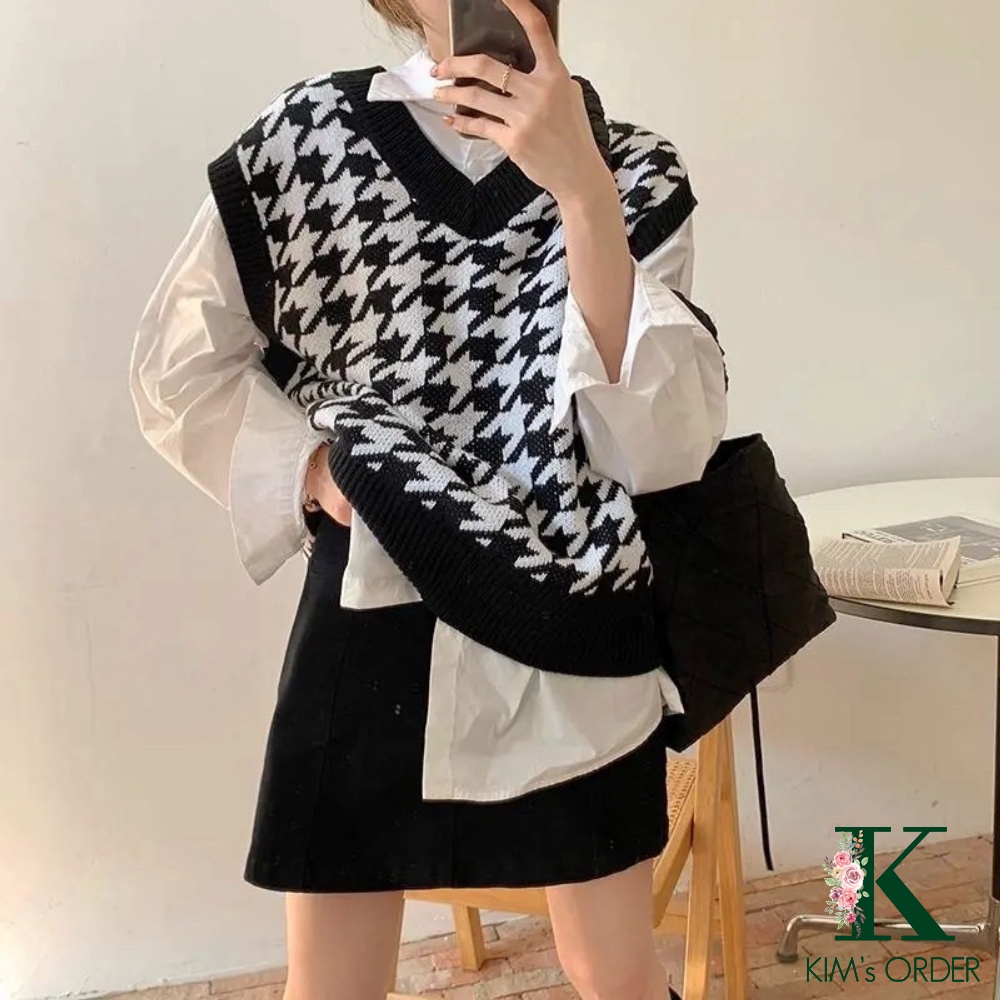 Áo Gile len nữ màu đen xanh hoạ tiết Ziczac cổ chữ V không tay sát nách phom rộng Ulzzang Hàn Quốc năng động cá tính