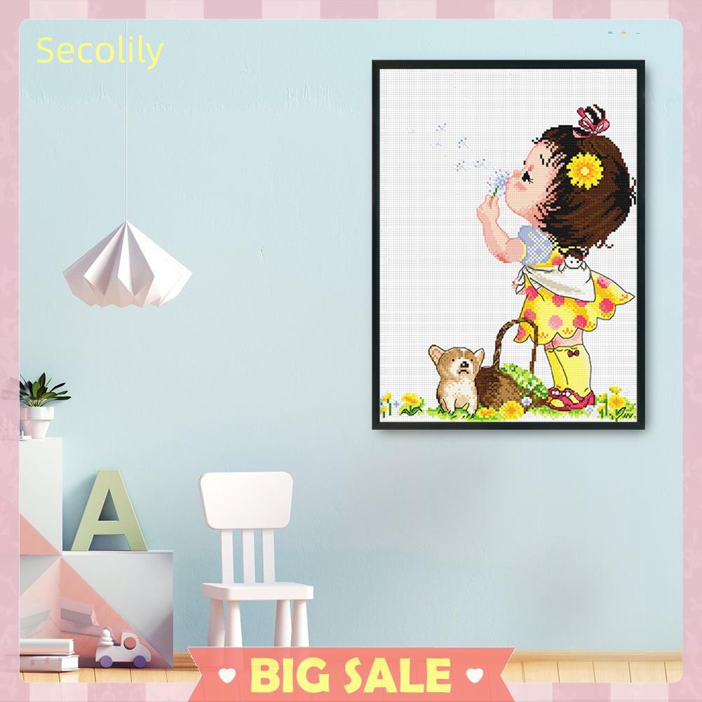 Tranh vải canvas thêu chữ thập hình bé gái và động vật dễ thương trang trí nhà ở 11Ct