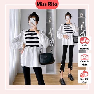 Áo bầu thiết kế công sở MISS RITA Áo bầu babydoll tay dài pha kẻ bản to thiết kế bởi Miss Rita