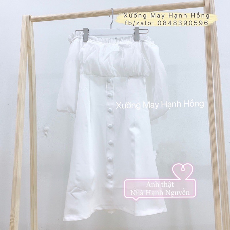Váy trắng dự tiệc trễ vai hàng cúc, Váy rúm ngực trễ vai - Xưởng May Hạnh Hồng | BigBuy360 - bigbuy360.vn
