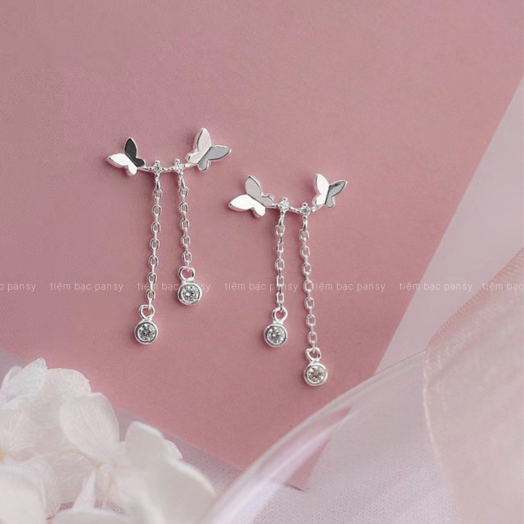 Bông tai bạc nữ PANSY hình cánh bướm thả sợi dáng dài, khuyên tai bạc hồ điệp xinh xắn